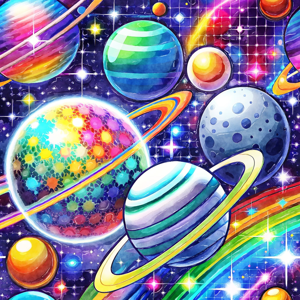 Cosmic Space Fabric Panel 8 featuring colorful planets and stars printed on premium quilting cotton with vibrant cosmic design.