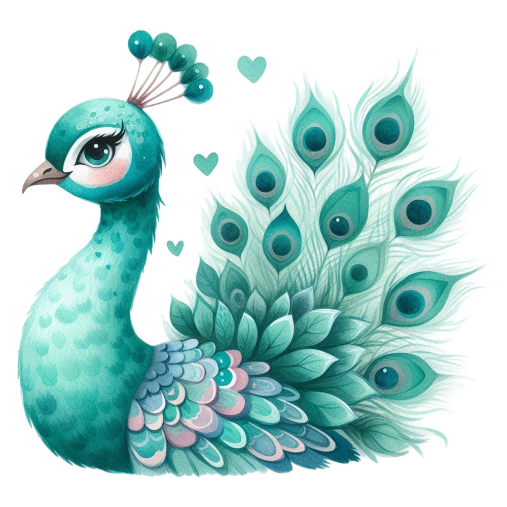 Cute Adorable Peacocks Fabric Panel 10 features a detailed, vibrant turquoise peacock with heart accents on premium quilting cotton.