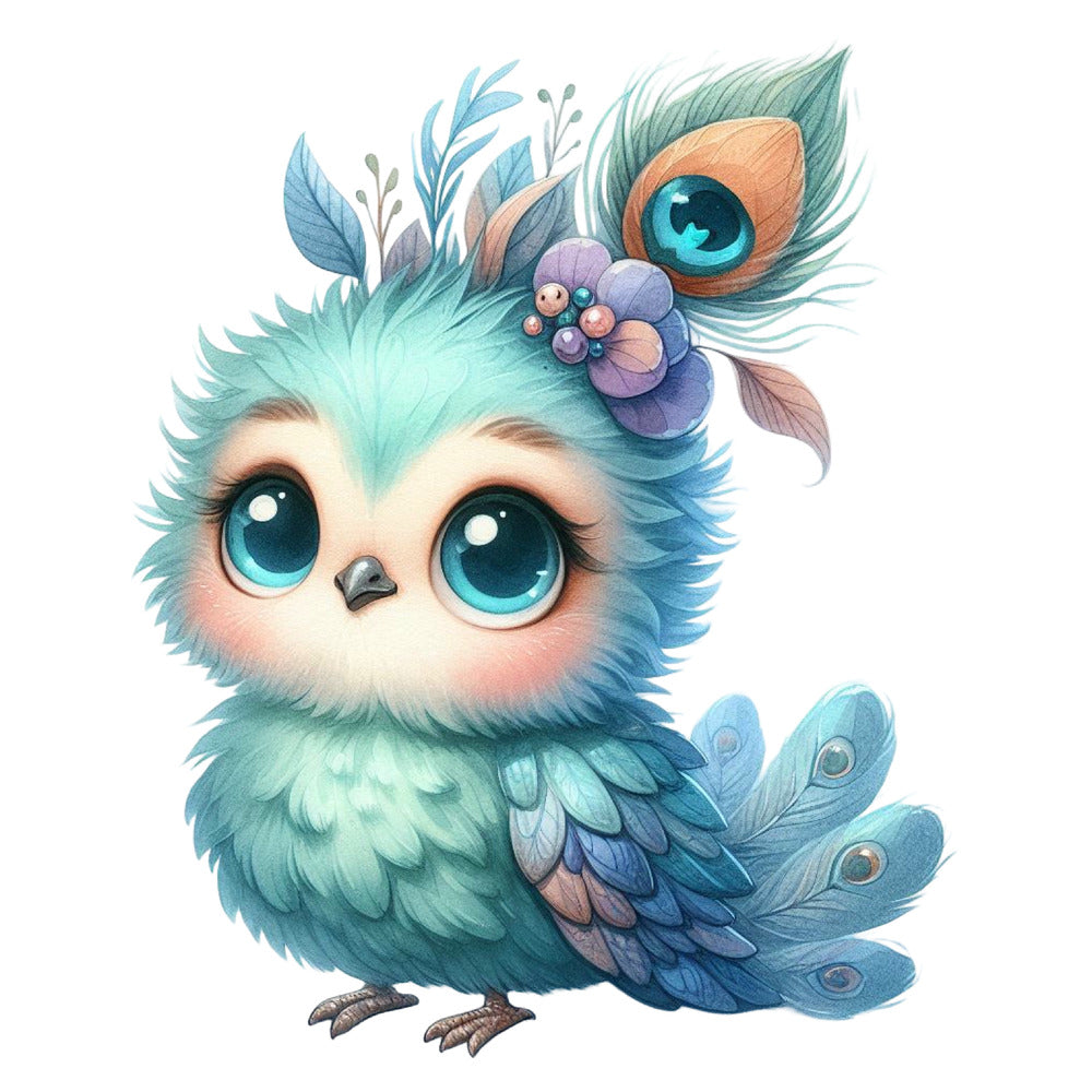 Cute Adorable Peacocks Fabric Panel 13 featuring a detailed pastel illustration of a blue fluffy bird with large eyes and peacock feathers.