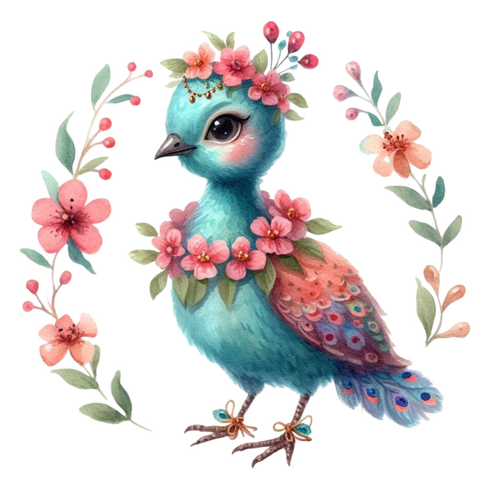 Cute Adorable Peacocks Fabric Panel 19 featuring a detailed blue peacock adorned with pink flowers and surrounded by floral accents.