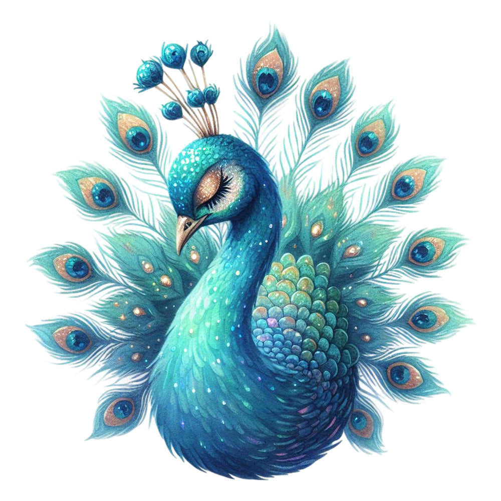 Cute Adorable Peacocks Fabric Panel 2 features a detailed, vibrant blue and green peacock illustration with intricate feather design.