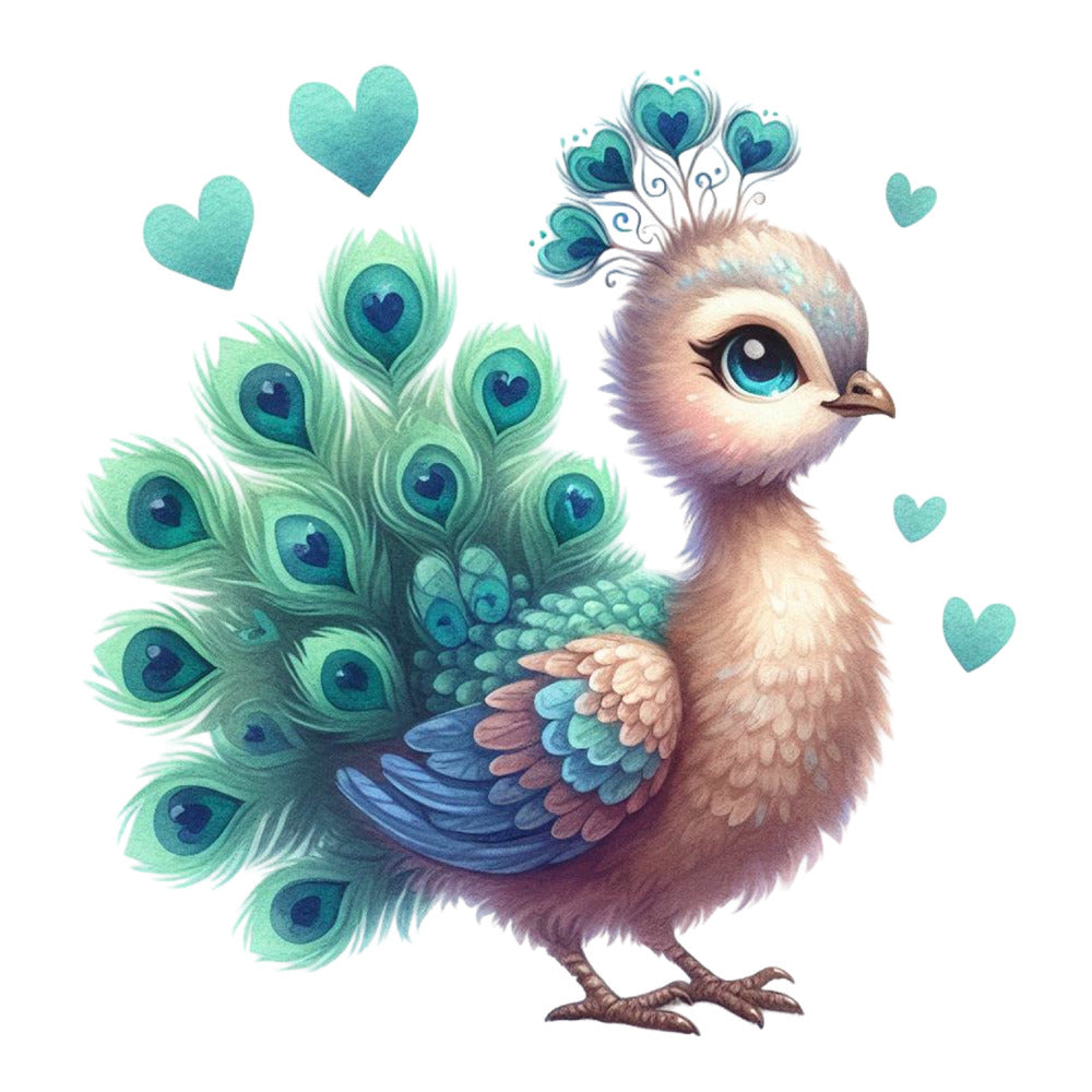 Cute Adorable Peacocks Fabric Panel 20 featuring a detailed, colorful peacock with teal feathers and heart accents.