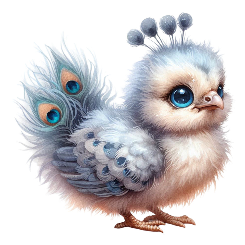 Cute Adorable Peacocks Fabric Panel 21 featuring a detailed, whimsical baby peacock with vibrant blue eyes and soft feathers.