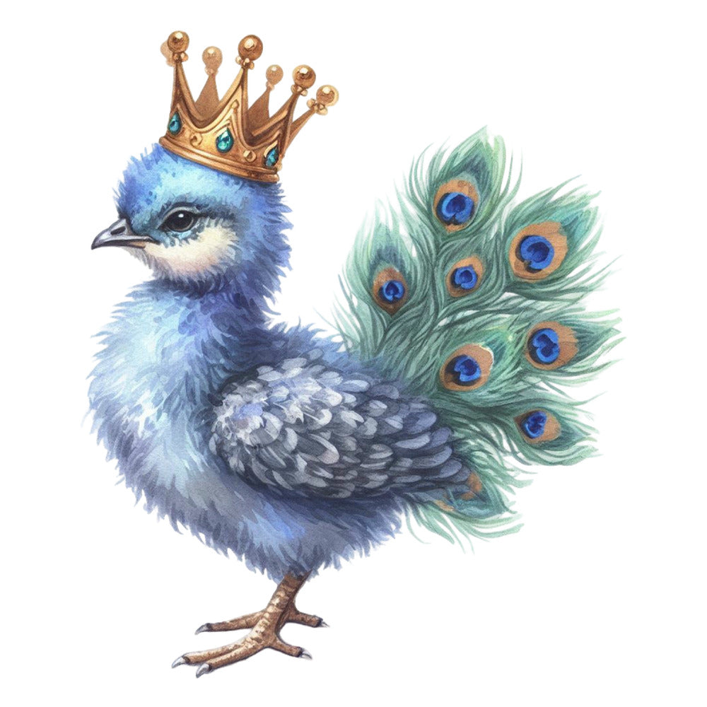 Cute Adorable Peacocks Fabric Panel 24 featuring a detailed blue peacock with a gold crown and vibrant feathers.