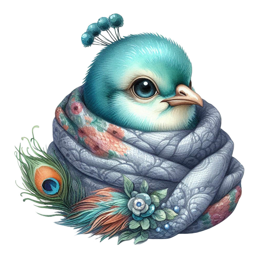 Cute Adorable Peacocks Fabric Panel 5 featuring a detailed blue peacock chick wrapped in a floral patterned gray scarf with feathers.