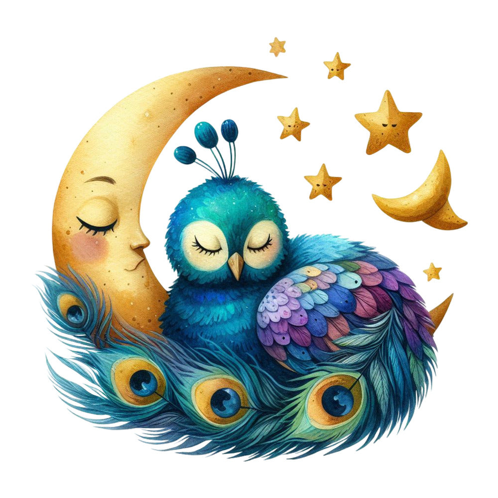 Cute Adorable Peacocks Fabric Panel 6 showing a colorful sleeping peacock with stars and crescent moon in a whimsical style.
