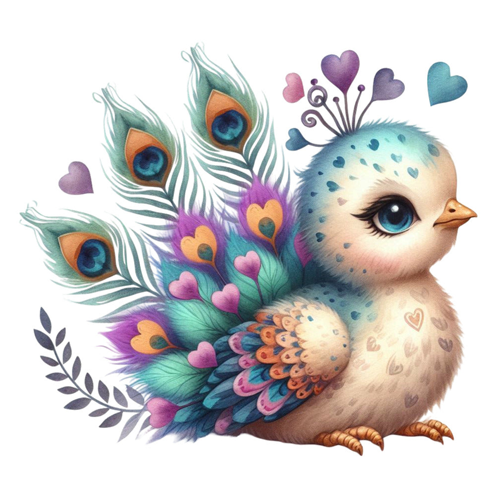 Cute Adorable Peacocks Fabric Panel 8 featuring a colorful, whimsical baby peacock with detailed feathers and heart accents.