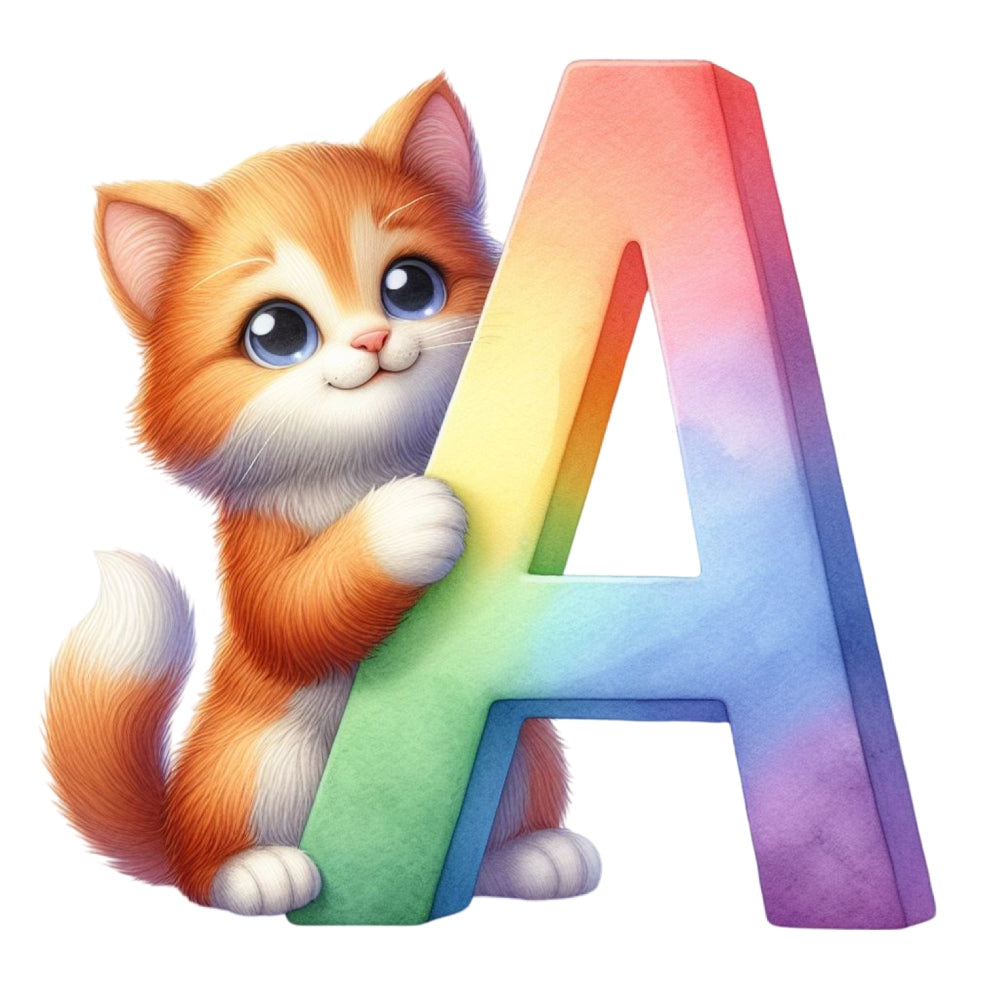 Cute Cats Letter A Fabric Panel featuring a playful orange kitten holding a colorful rainbow letter A in premium quilting cotton.