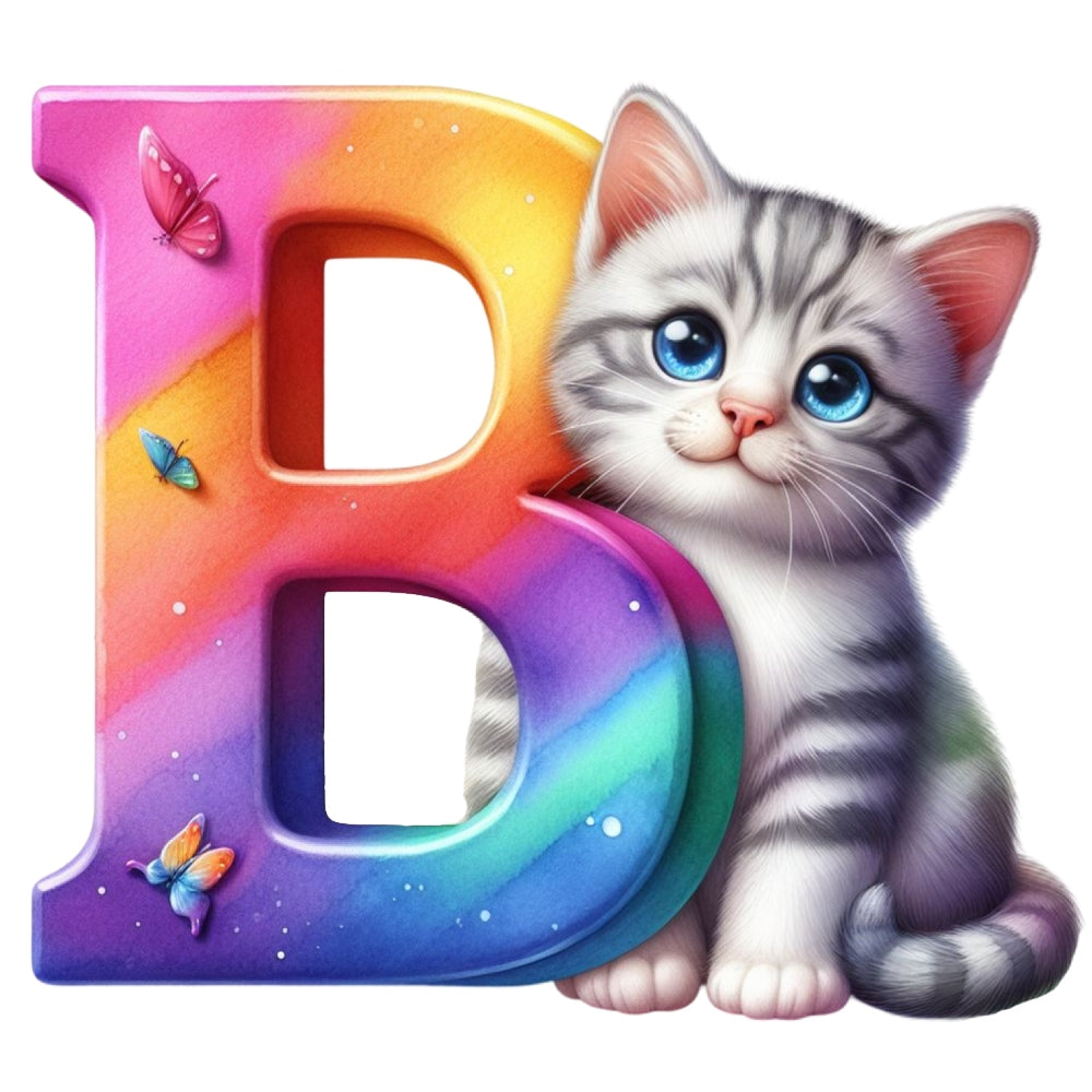 Cute Cats Letter B Fabric Panel featuring a colorful rainbow letter B with butterflies and an adorable gray kitten with blue eyes.