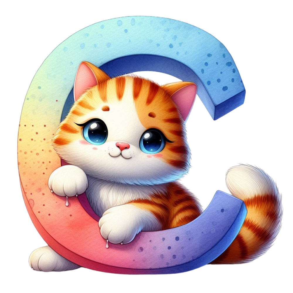 Cute Cats Letter C Fabric Panel featuring a colorful letter C with an adorable orange tabby kitten and premium quilting cotton print.