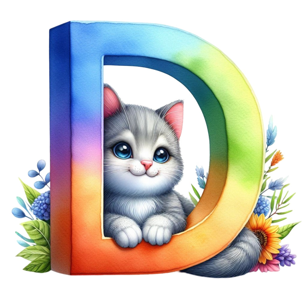 Cute Cats Letter D Fabric Panel featuring a colorful letter D with an adorable gray kitten and floral accents.