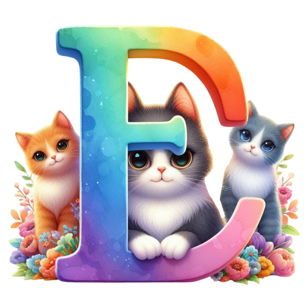 Cute Cats Letter E Fabric Panel with colorful gradient letter and three adorable kittens surrounded by flowers on premium quilting cotton