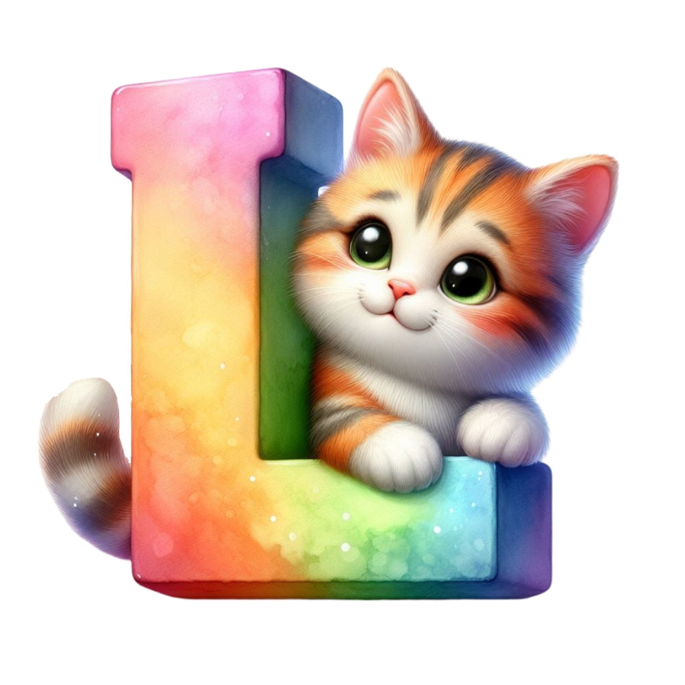 Cute Cats Letter L Fabric Panel featuring an adorable kitten with big eyes on a colorful rainbow letter L design.