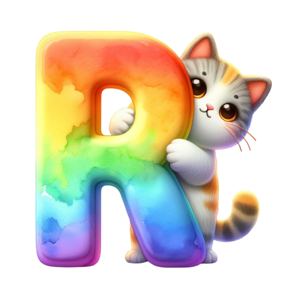 Cute Cats Letter R Fabric Panel featuring a colorful rainbow letter R with an adorable kitten hugging it.