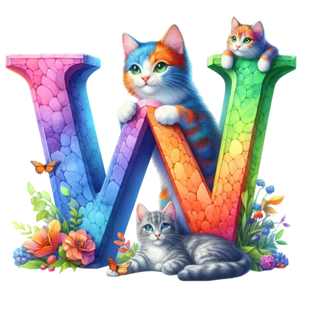 Cute Cats Letter W Fabric Panel featuring colorful kittens on a vibrant multicolor stone-textured letter W with flowers.
