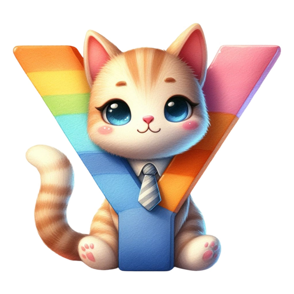 Cute Cats Letter Y Fabric Panel featuring a cute kitten with blue eyes and a striped tie, printed on premium quilting cotton.