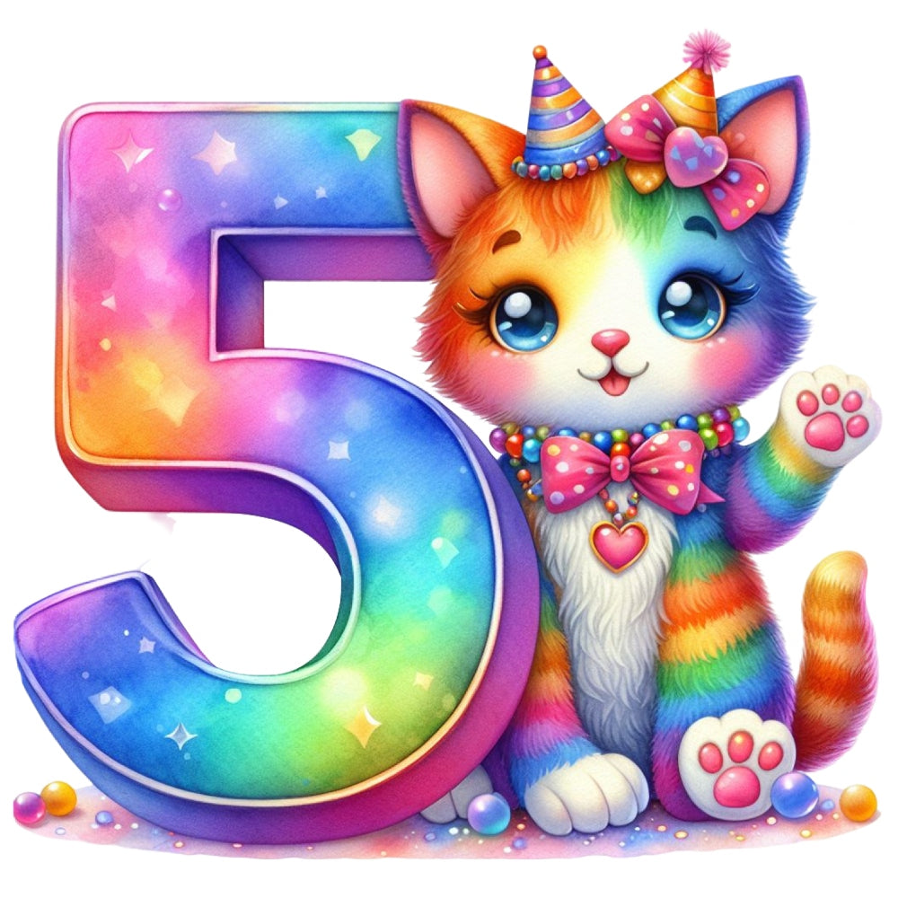 Cute Cats Number 5 Fabric Panel featuring a colorful rainbow cat with party hats beside a vivid number 5, premium quilting cotton.