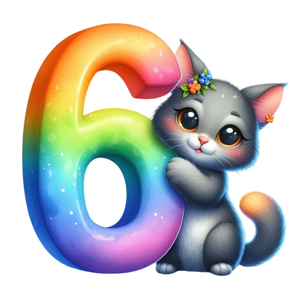 Cute Cats Number 6 Fabric Panel featuring a gray kitten with flowers hugging a vibrant rainbow-colored number six.