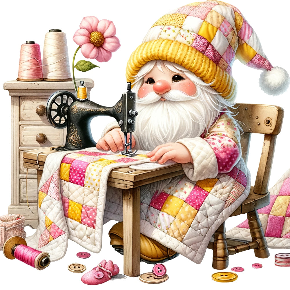 Cute Sewing Gnomes Fabric Panel 11 featuring an adorable gnome sewing colorful quilt squares on a vintage machine.