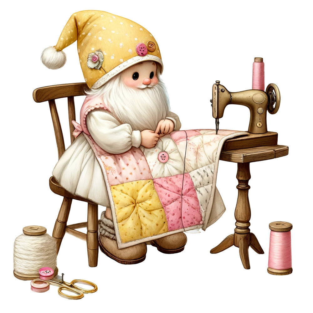 Cute Sewing Gnomes Fabric Panel 12 shows an adorable gnome sewing a colorful quilt using premium fabric and vintage sewing machine.