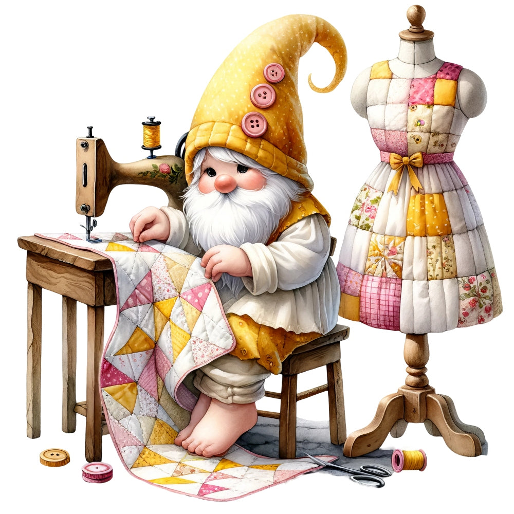 Cute Sewing Gnomes Fabric Panel 14 showing a gnome sewing colorful quilt by vintage machine next to patchwork dress form.