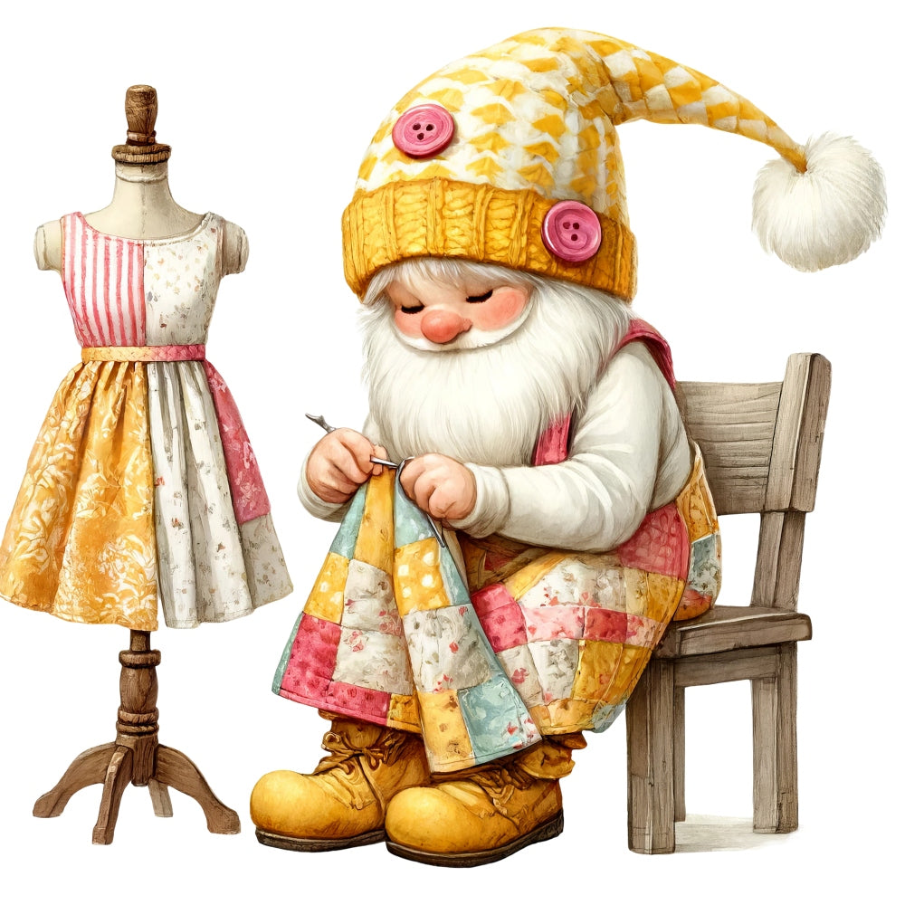 Cute Sewing Gnomes Fabric Panel 16 features a gnome knitting a colorful quilt with a dress form beside him.