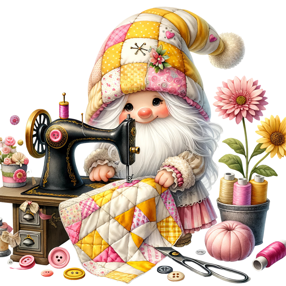 Cute Sewing Gnomes Fabric Panel 20 features an adorable gnome quilting with colorful patchwork and vintage sewing tools.