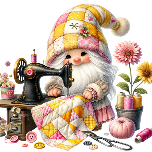 Cute Sewing Gnomes Fabric Panel 20 features an adorable gnome quilting with colorful patchwork and vintage sewing tools.