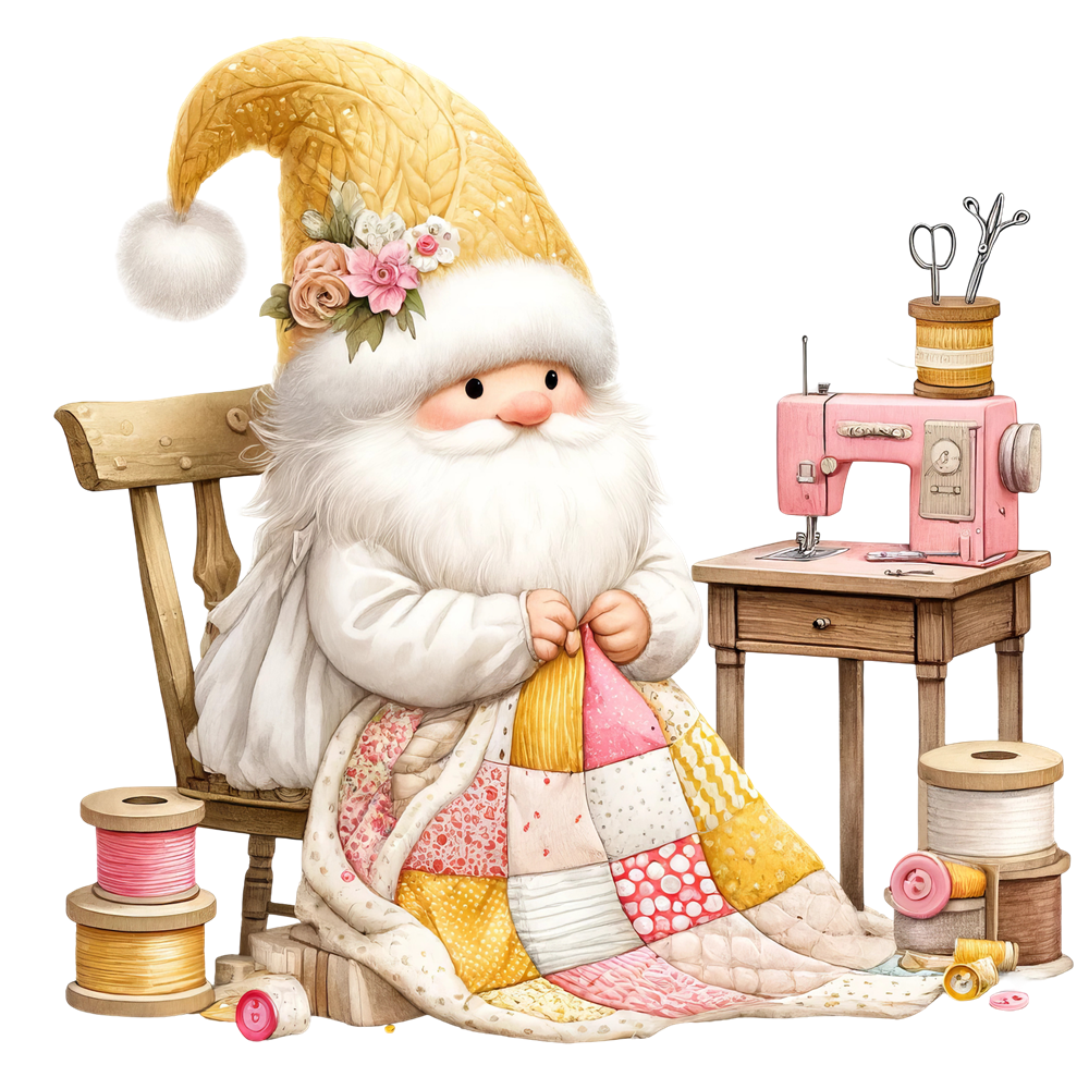 Cute Sewing Gnomes Fabric Panel 21 featuring a gnome quilting with patchwork fabric and sewing tools on premium cotton.