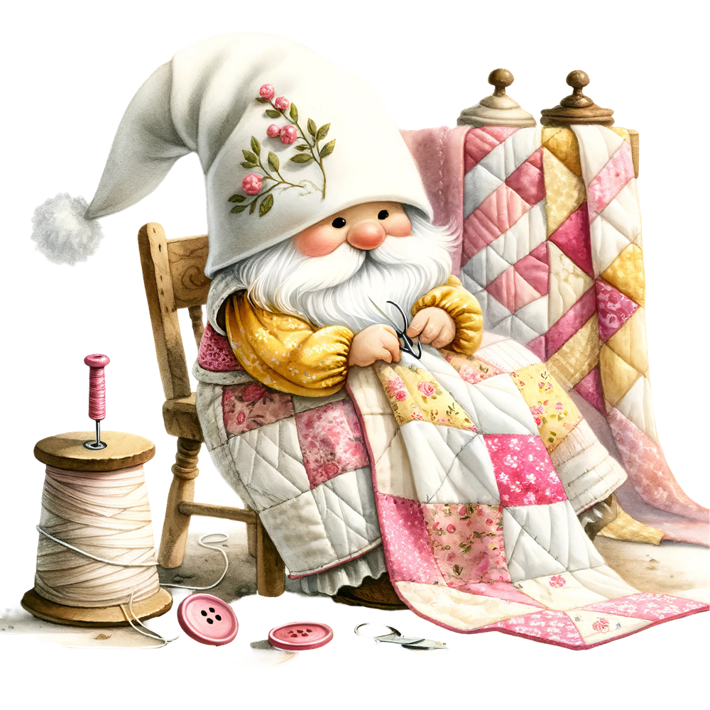 Cute Sewing Gnomes Fabric Panel 22 showing a gnome quilting a pink and yellow patchwork quilt with sewing tools nearby.