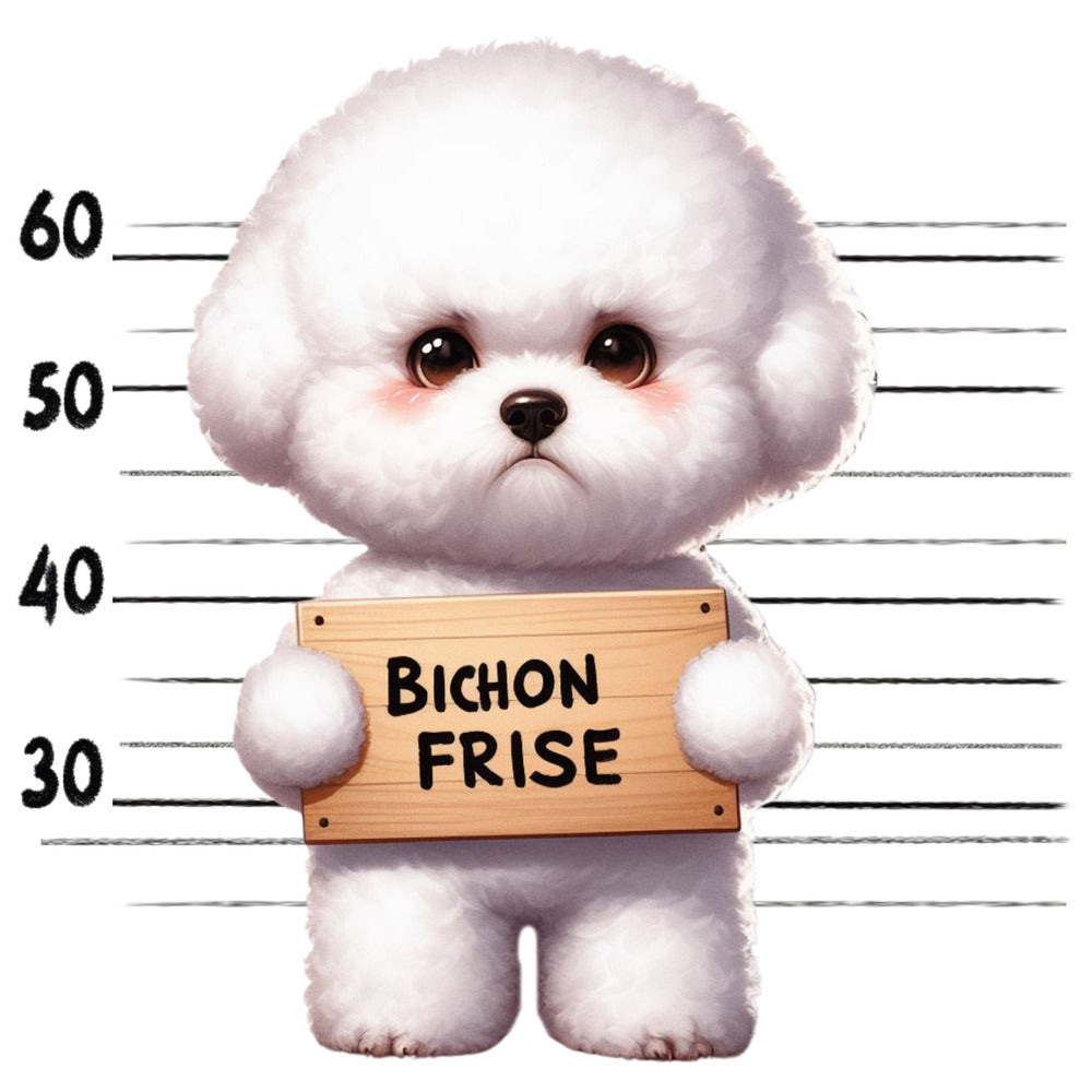 Doggie Mugshots Bichon Frise Fabric Panel featuring a cute white Bichon Frise holding a sign with height chart background.