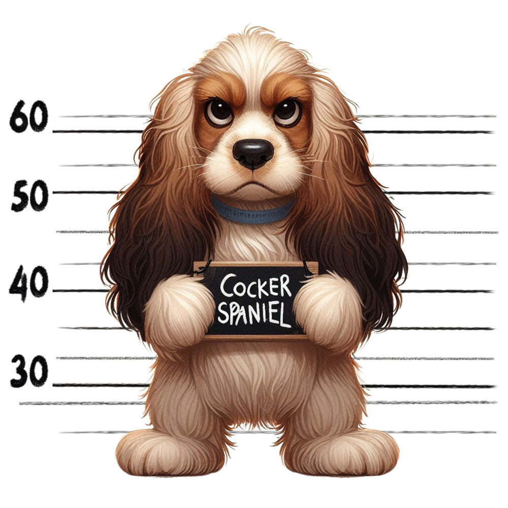 Doggie Mugshots Cocker Spaniel Fabric Panel showing an adorable illustrated cocker spaniel holding a mugshot sign in front of height lines.