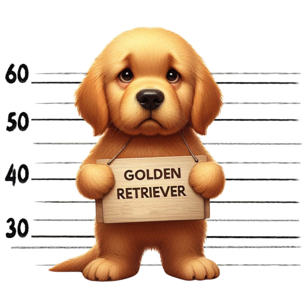 Doggie Mugshots Golden Retriever Fabric Panel featuring a cute puppy holding a sign with height chart background.