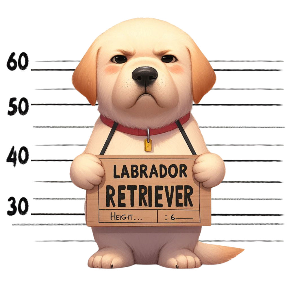 Doggie Mugshots Labrador Retriever Fabric Panel features a cute cartoon labrador in a mugshot style on premium quilting cotton.