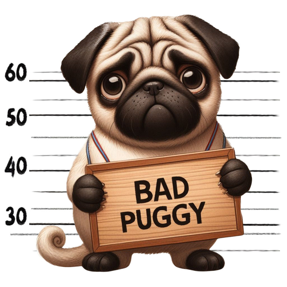 Doggie Mugshots Pug Fabric Panel featuring a cute pug holding a "BAD PUGGY" sign in a playful mugshot style design.