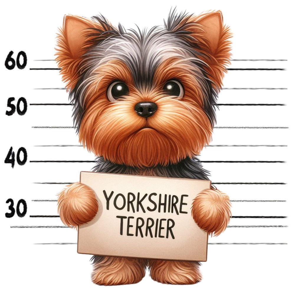 Doggie Mugshots Yorkshire Terrier Fabric Panel showing a cute Yorkshire Terrier cartoon holding a mugshot sign.