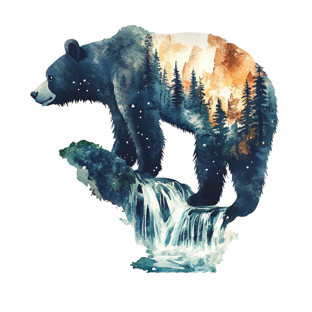 Double Exposure Woodland Animals Fabric Panel 12 features a bear silhouette with forest and waterfall scenes in premium quilting cotton.