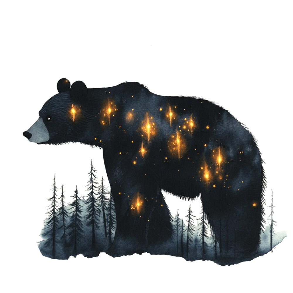 Double Exposure Woodland Animals Fabric Panel 16 featuring a black bear with glowing star-like patterns and forest silhouettes.
