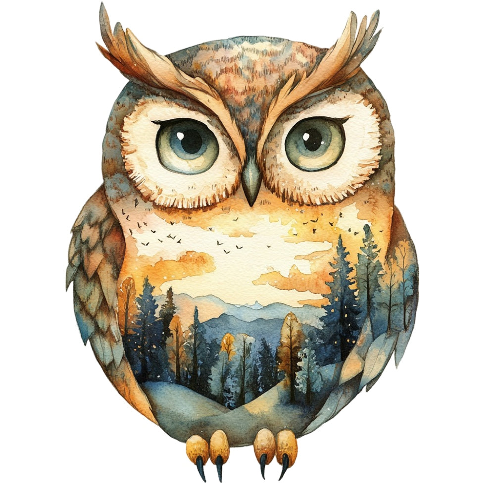 Double Exposure Woodland Animals Fabric Panel 17 featuring an owl with a forest and mountain landscape within its silhouette.