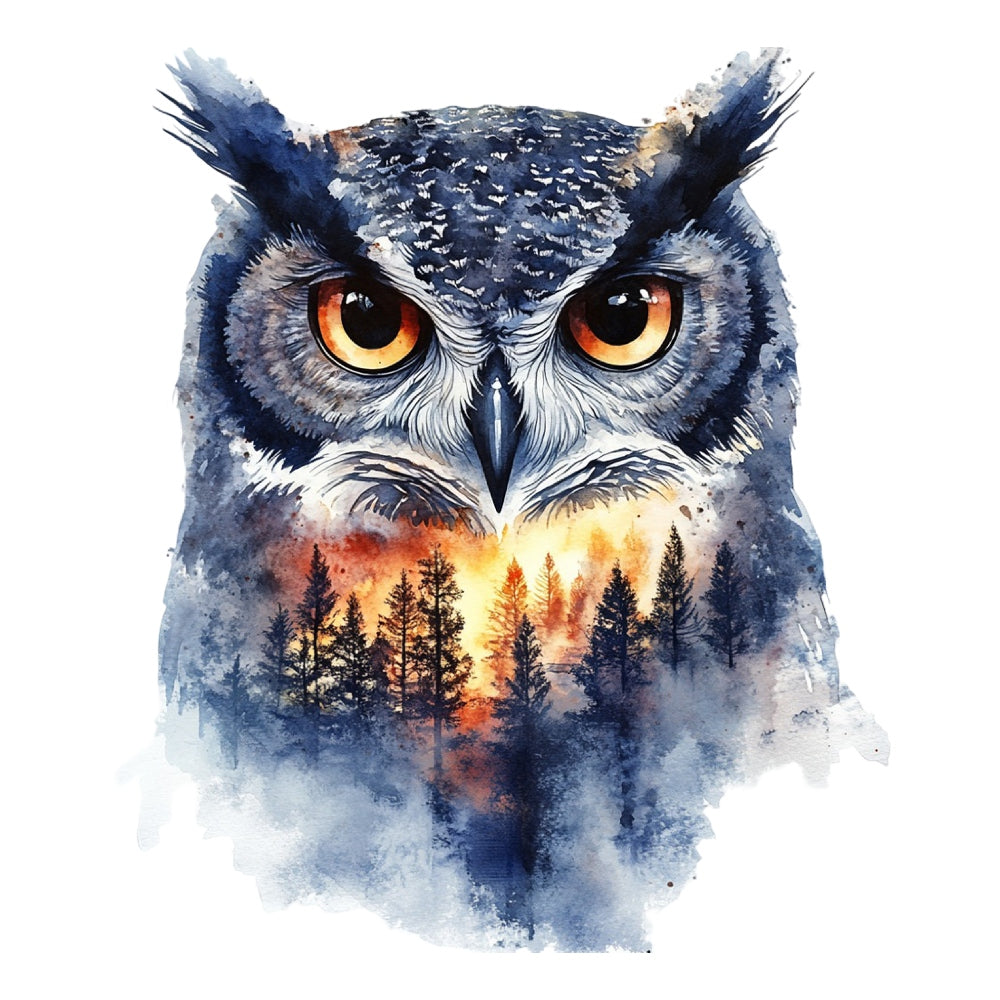 Double Exposure Woodland Animals Fabric Panel 18 features a detailed owl blending with a forest sunset scene on premium quilting cotton.