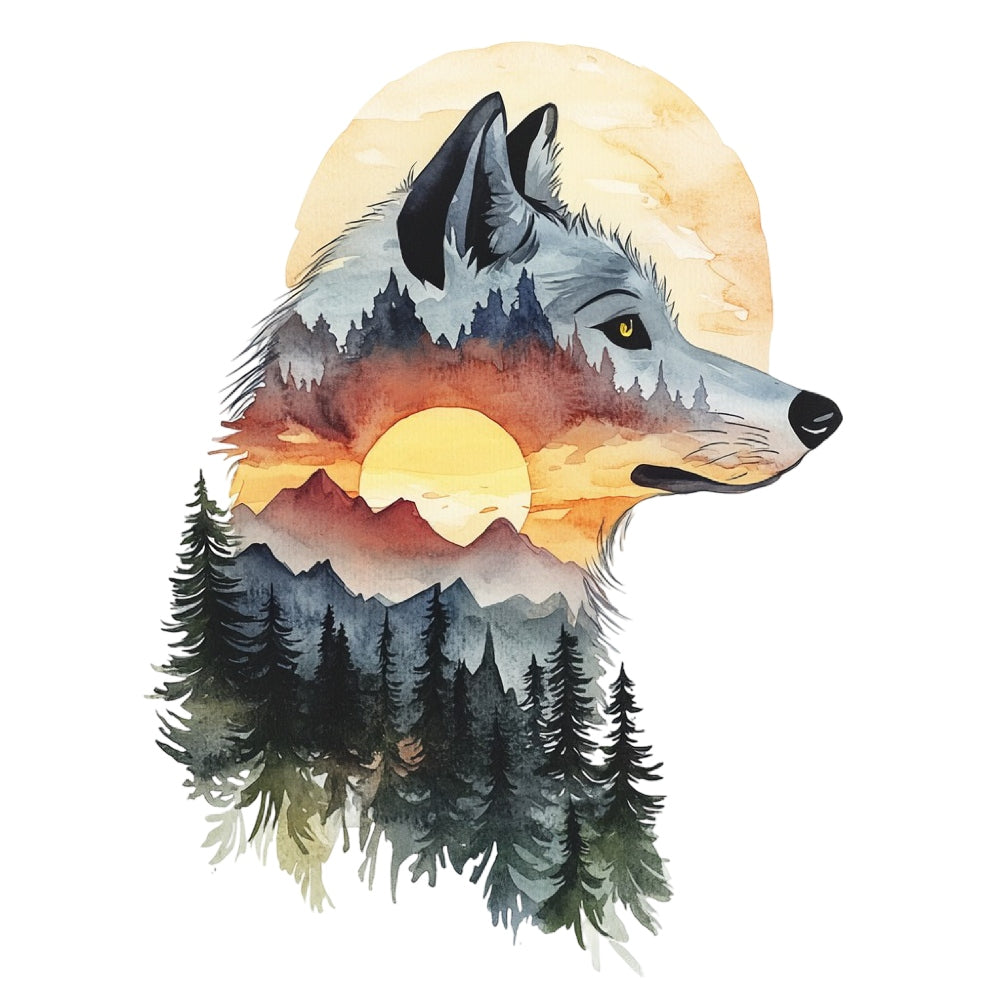 Double Exposure Woodland Animals Fabric Panel 3 features a wolf silhouette with layered forest and sunset scenery in quilting cotton.
