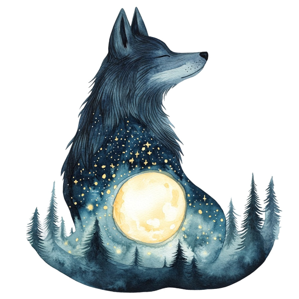 Double Exposure Woodland Animals Fabric Panel 5 featuring a blue wolf with forest and full moon design on premium quilting cotton.