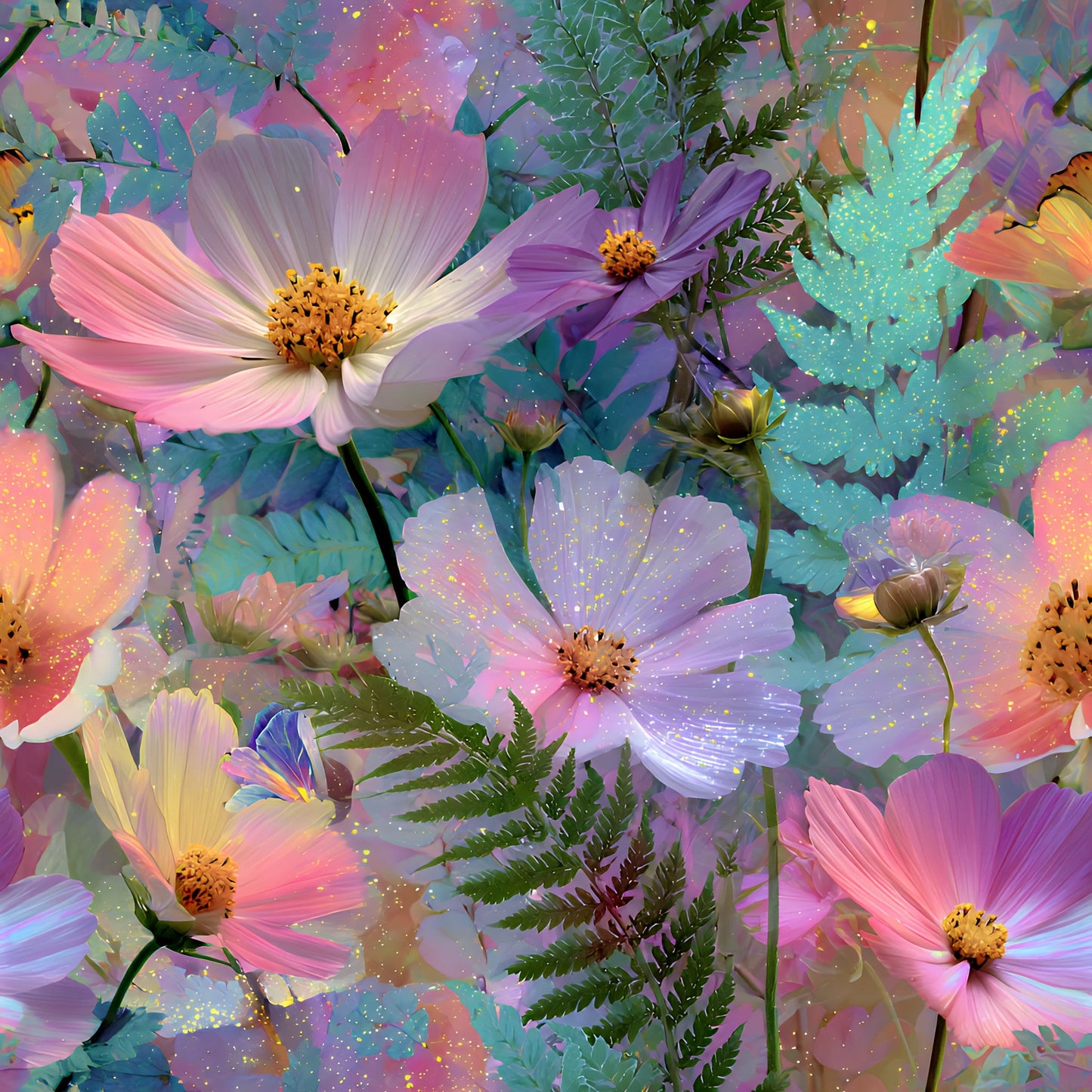 Dreamy Cosmos Floral Ferns Pattern 2 Quilting Cotton Fabric