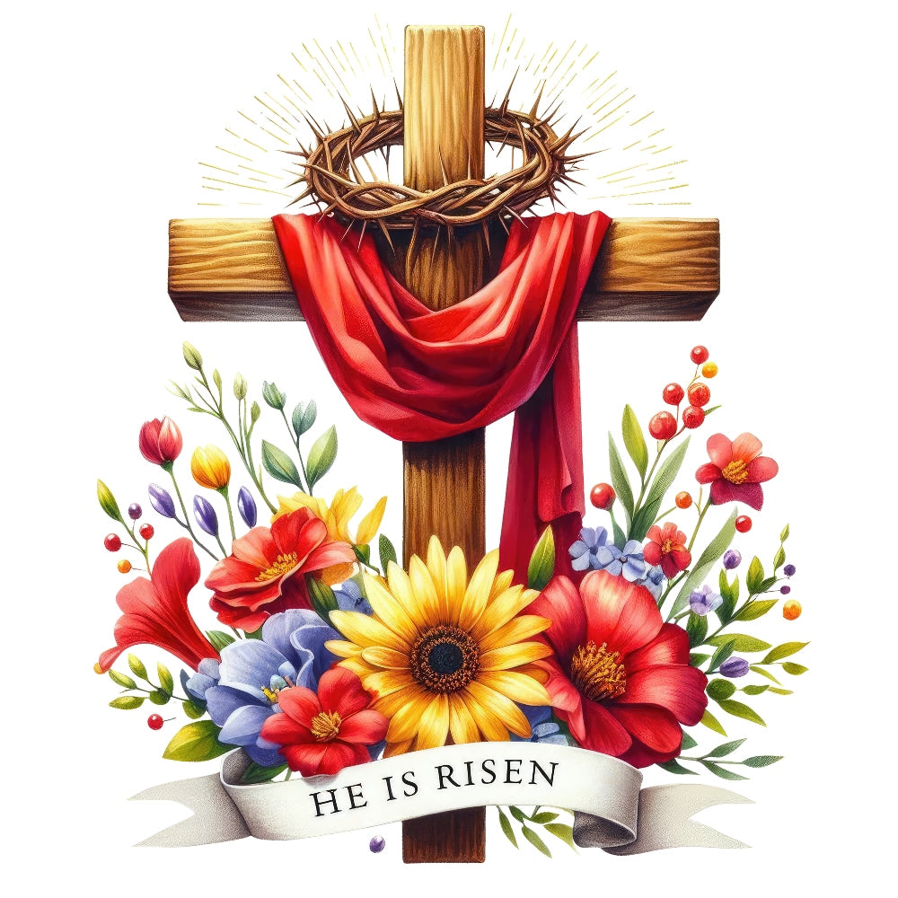 Easter Crosses Fabric Panel 10 showing wooden cross with crown of thorns, red cloth, and colorful spring flowers with “He is Risen” banner