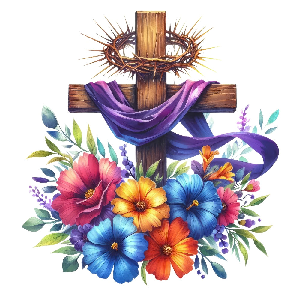 Easter Crosses Fabric Panel 11 featuring a wooden cross with a crown of thorns, purple cloth, and vibrant floral arrangement.
