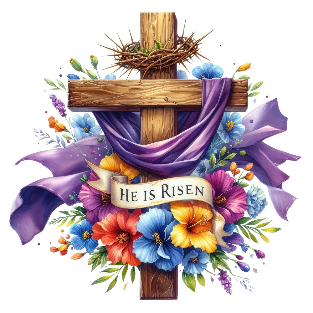 Easter Crosses Fabric Panel 12 featuring a wooden cross with crown of thorns, purple cloth and colorful spring flowers with He is Risen banner.