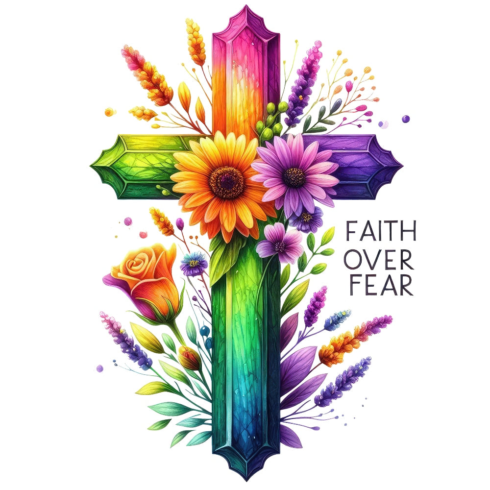 Easter Crosses Fabric Panel 13 with vibrant rainbow cross and colorful flowers featuring "Faith Over Fear" text design.