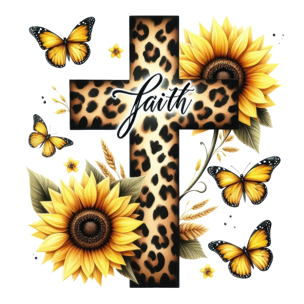 Easter Crosses Fabric Panel 14 featuring leopard print cross with faith text, sunflowers, and butterflies on premium quilting cotton.