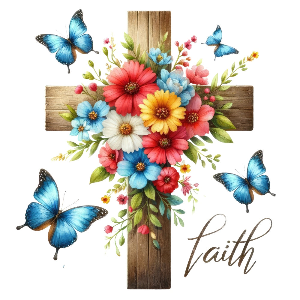 Easter Crosses Fabric Panel 15 featuring a wooden cross adorned with colorful flowers, blue butterflies, and the word faith.