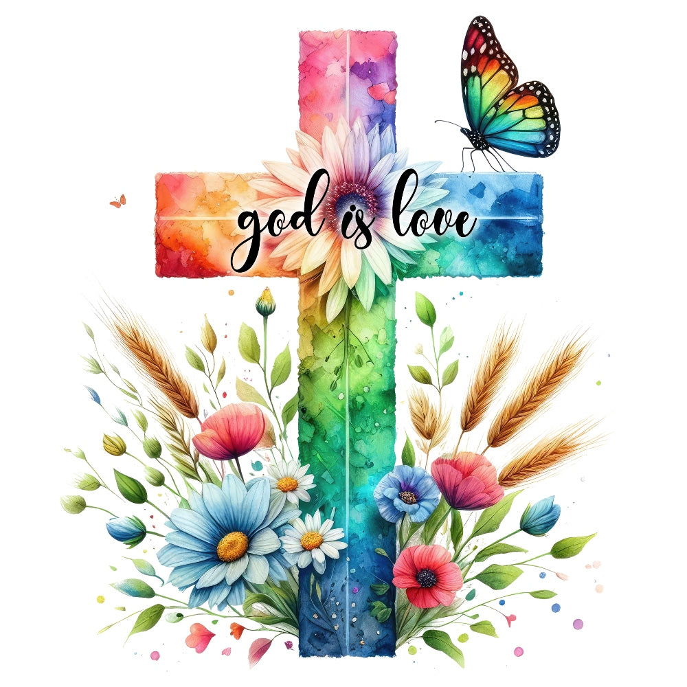 Easter Crosses Fabric Panel 16 featuring a colorful watercolor cross with flowers, butterfly, and "god is love" text design.